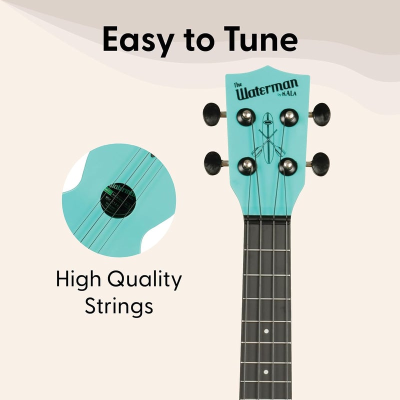 Kala Recycled Soprano Waterman Ukulele Durable, Travel-Ready Instrument - Glow-in-the-Dark Aqua Mist - Image 4